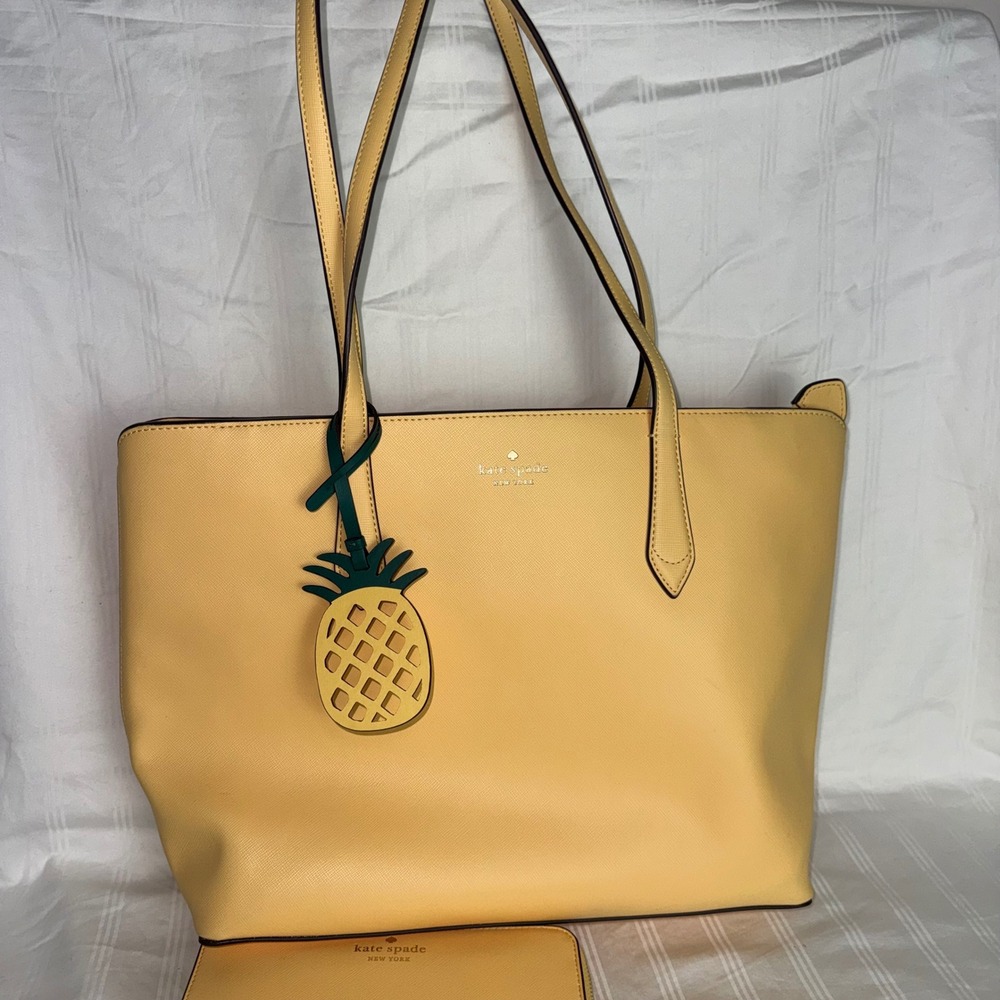 Kate Spade Buttercream Yellow Saffiano Leather Tote Bag Zip Wallet Set Pineapple - Picture 3 of 13